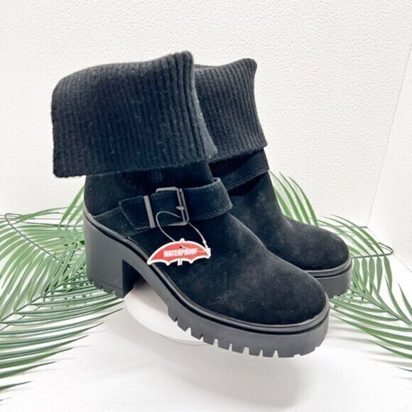 Blondo Remi Waterproof Black Suede Stretch Knit Foldover Lug Bootie Size 6M - Picture 1 of 12